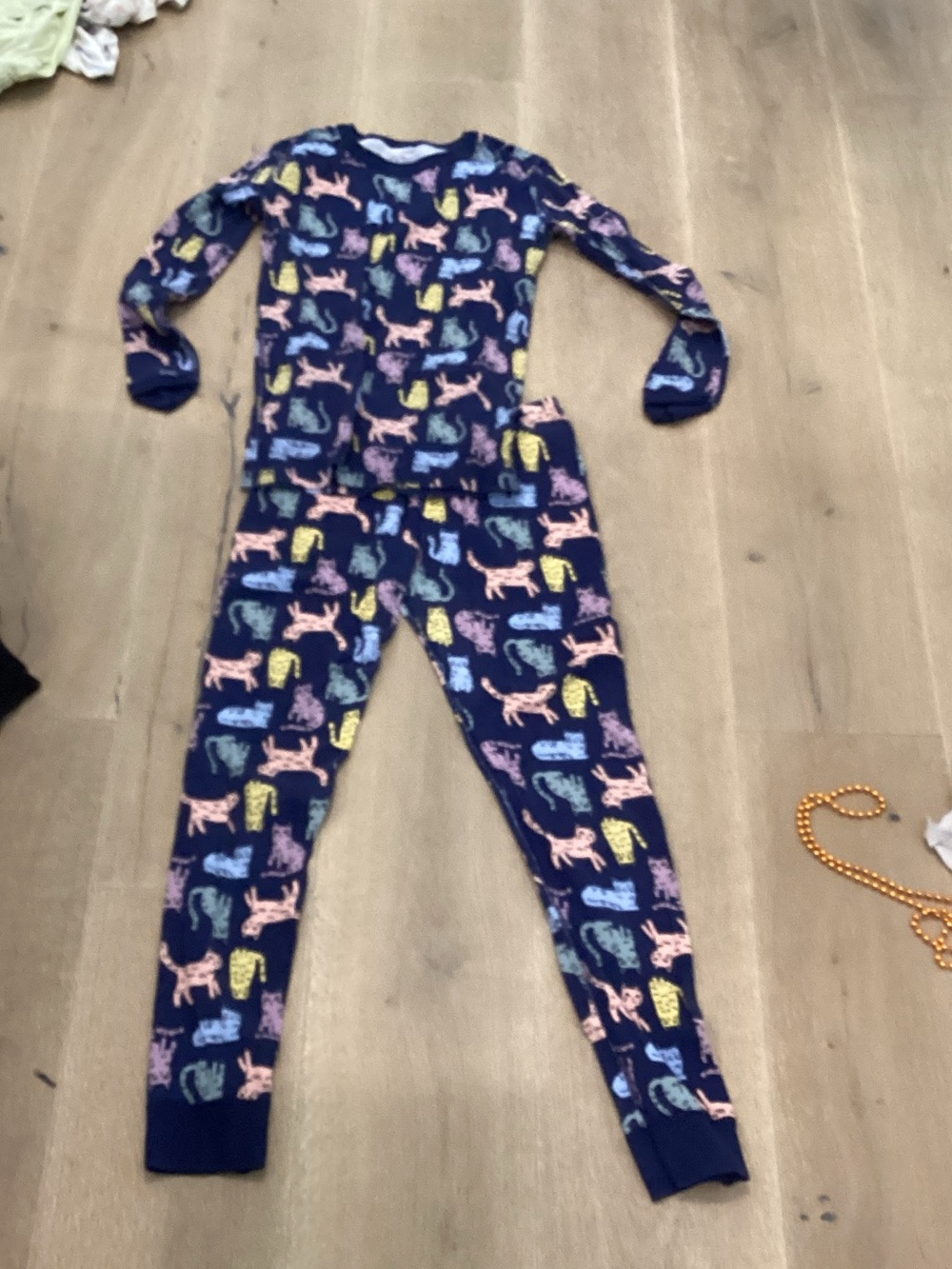 Quince Kids Navy Blue Pajama Set with Multicolor Cat Print